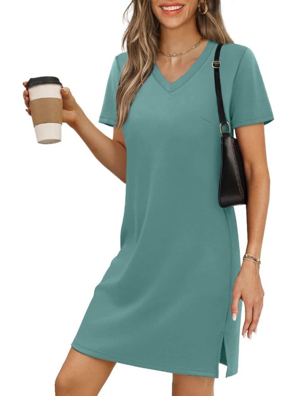 Women Lake Blue Polyester Blend Short Sleeve V Neck Pull On Casual Mini Dress